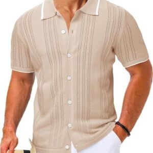 Men's Casual Beige Knit Button Down Shirt viscose blend